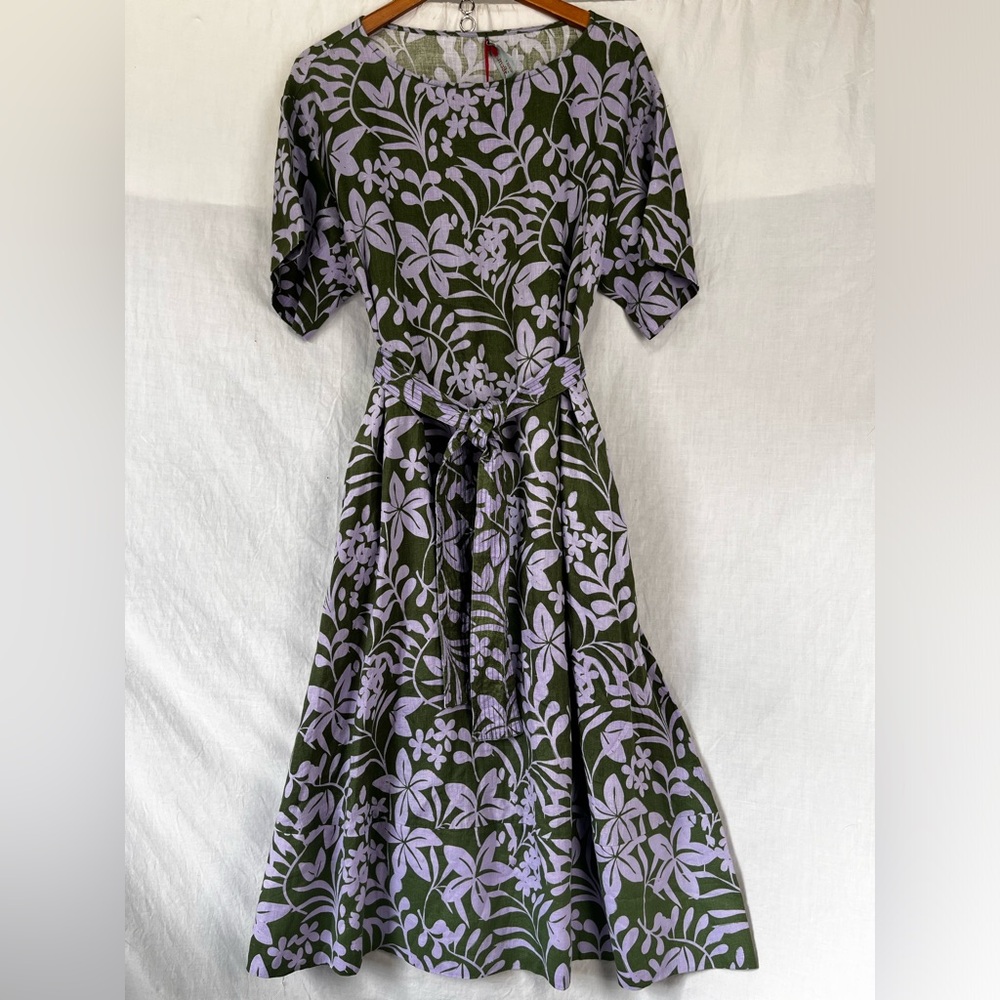 Voyageur By Mersea 100 Linen Dress Long Floral Green Purple Short Sleeve Belted